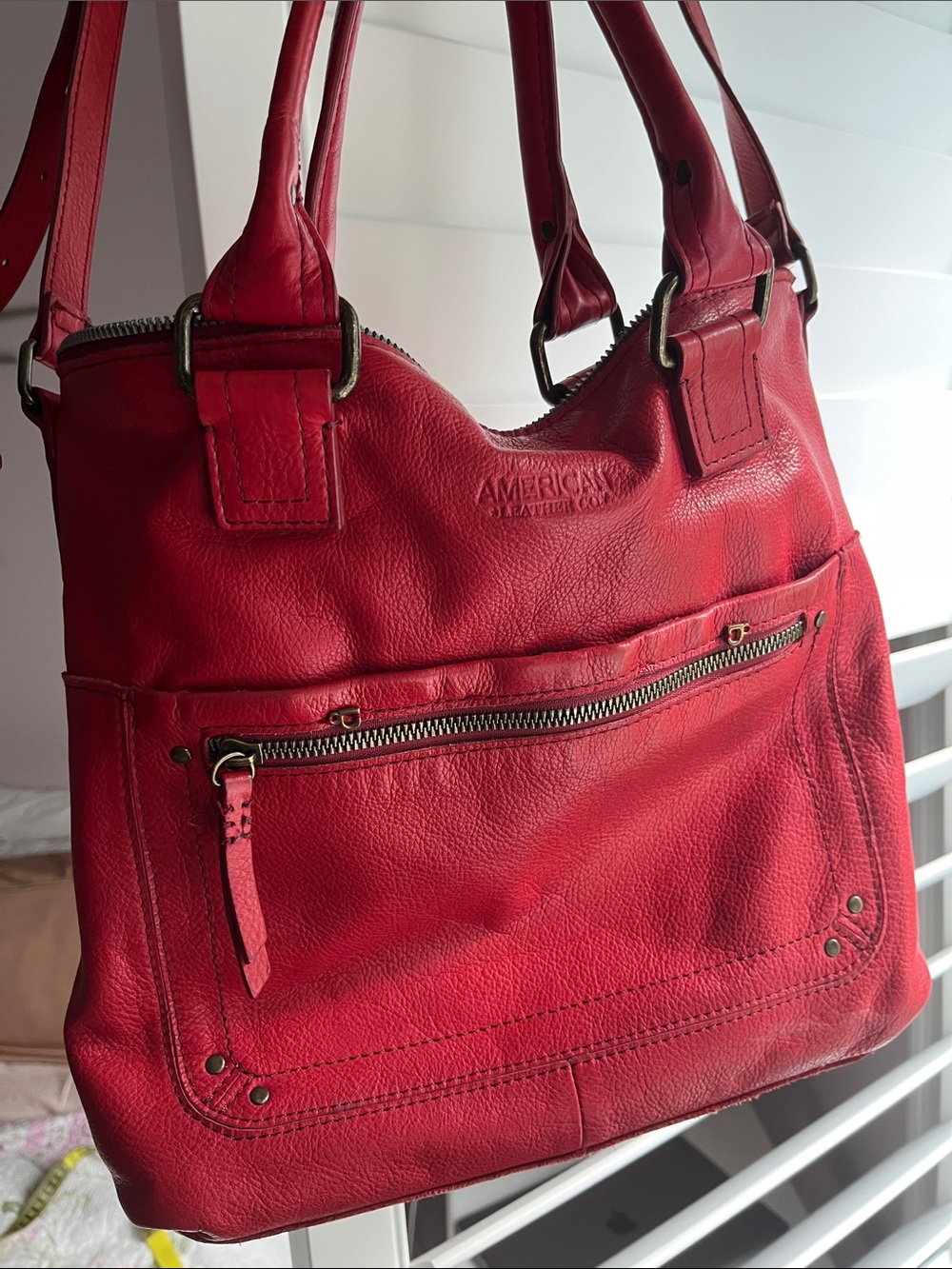 American Leather Co. Red Leather Shoulder Bag with Front Zip Pocket - Picture 3 of 16